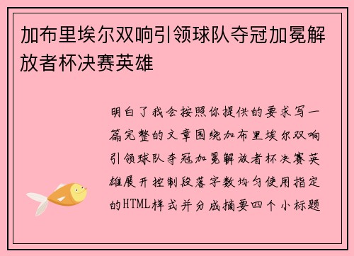 加布里埃尔双响引领球队夺冠加冕解放者杯决赛英雄